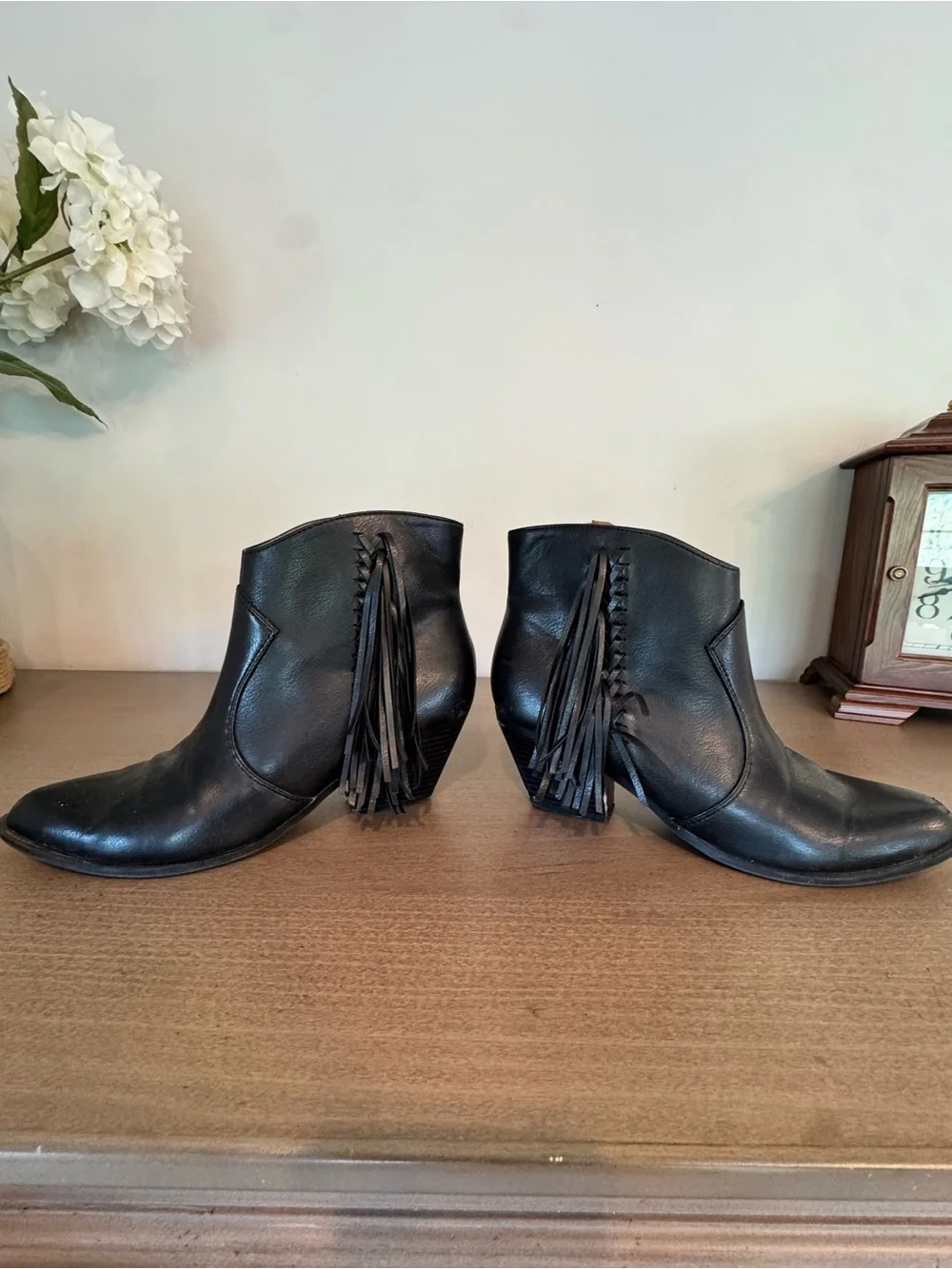 Women's Black Leather Fringe Ankle Boots
